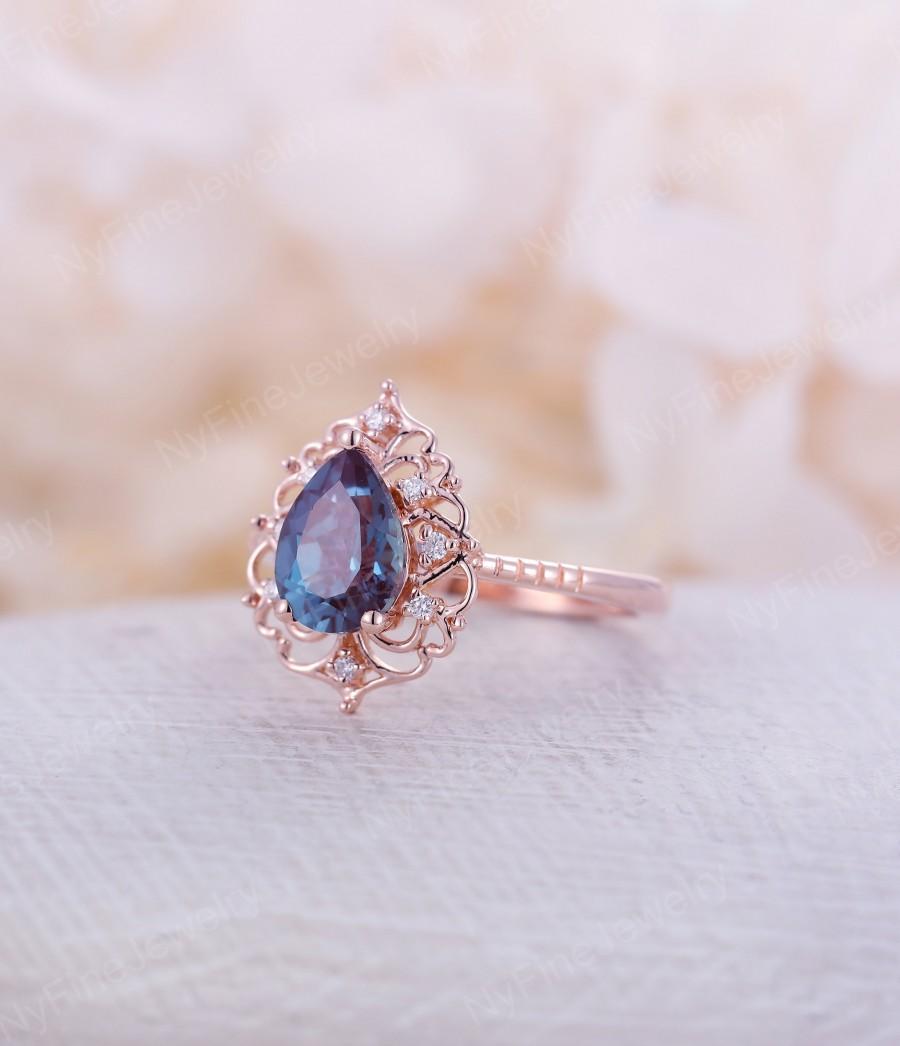 Hochzeit - Pear shaped Alexandrite engagement ring Vintage rings for women 14k rose gold Floral Unique art deco ring Jewelry Anniversary gift for her
