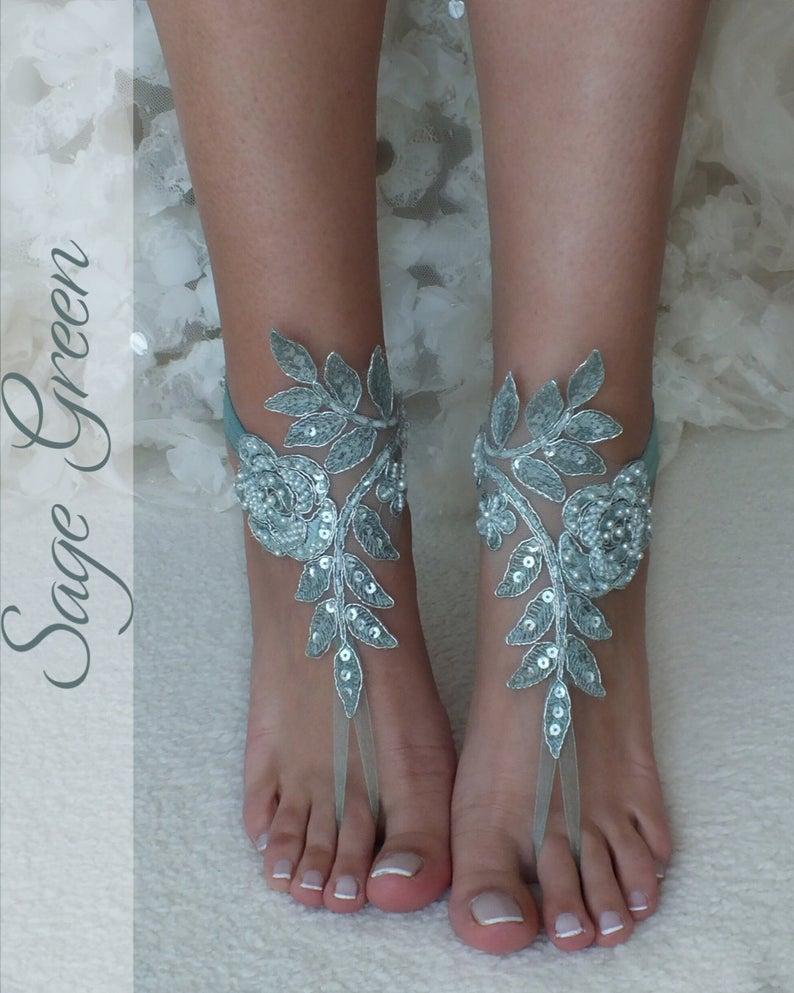 Mariage - 12 COLOR Sage Green lace barefoot sandals wedding barefoot Flexible wrist lace sandals Beach wedding barefoot sandals beach Wedding shoes