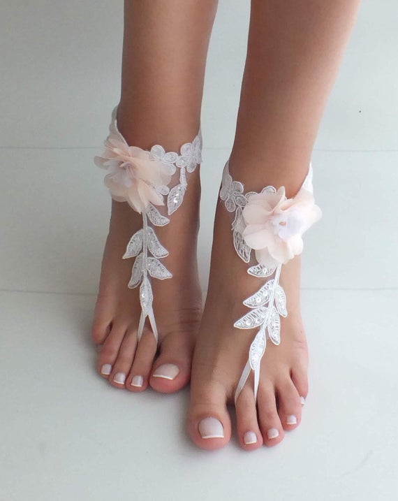 Mariage - Beach wedding barefoot sandals blush flowers wedding shoes beach shoes bridal accessories bangle beach anklets bride bridesmaids gift