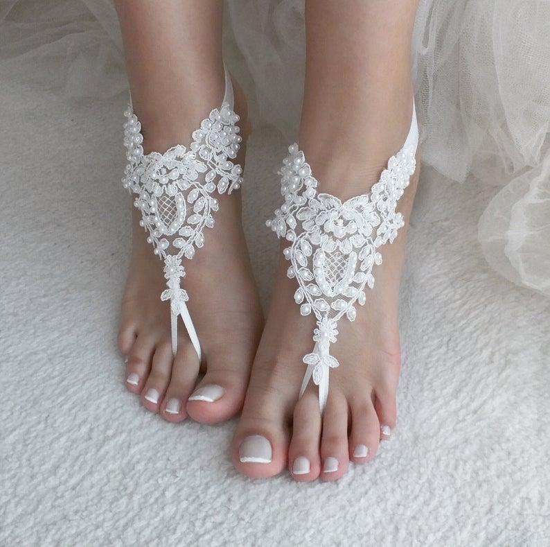 Hochzeit - EXPRESS SHIPPING White Beach wedding barefoot sandals Pearl wedding shoes beach shoes bridal accessories beach anklets Bridesmaid gift