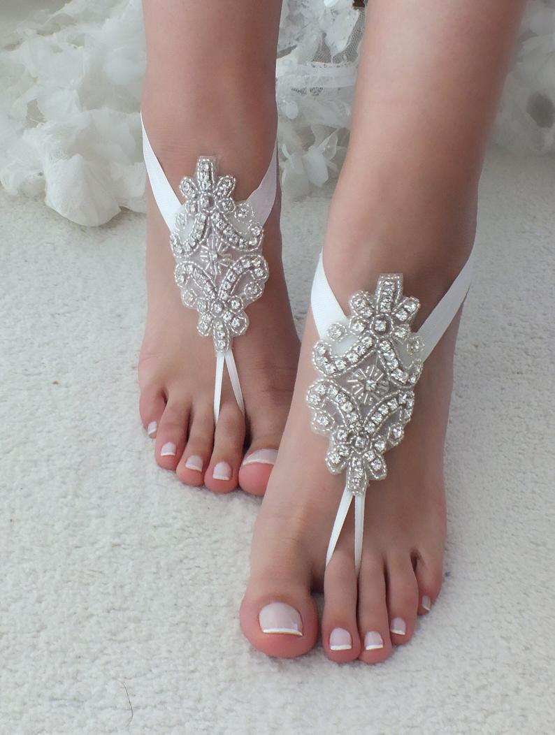 Wedding - Bridal anklet, ivory white lace sandals, Beach wedding barefoot sandals, bangle, wedding ankle anklet, bridal, bellydance, rhinestone anklet