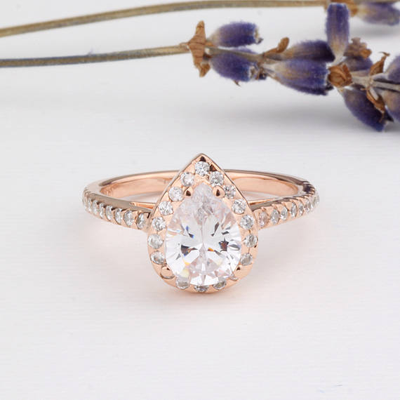 Свадьба - Rose Gold Pear Shaped Ring / Pear CZ Halo Ring Half Eternity Wedding Engagement Anniversary Sterling Silver Women Ring / Bridesmaid Jewelry