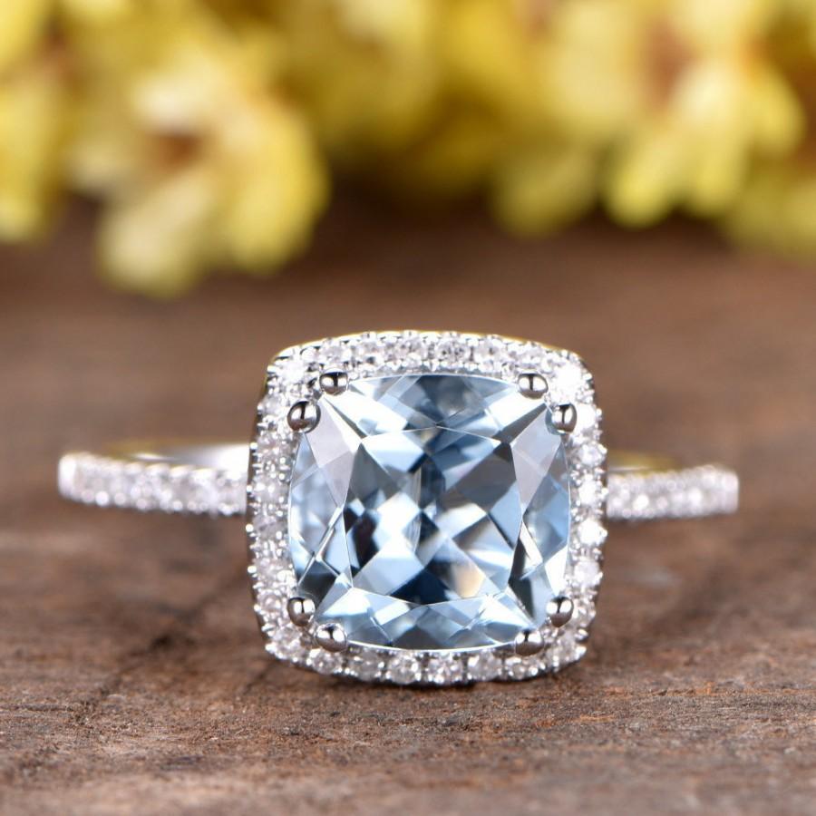 زفاف - 2.3ct Aquamarine engagement ring diamond wedding band half eternity diamond 14k white gold deco Halo diamond ring 8mm Cushion Morganite ring