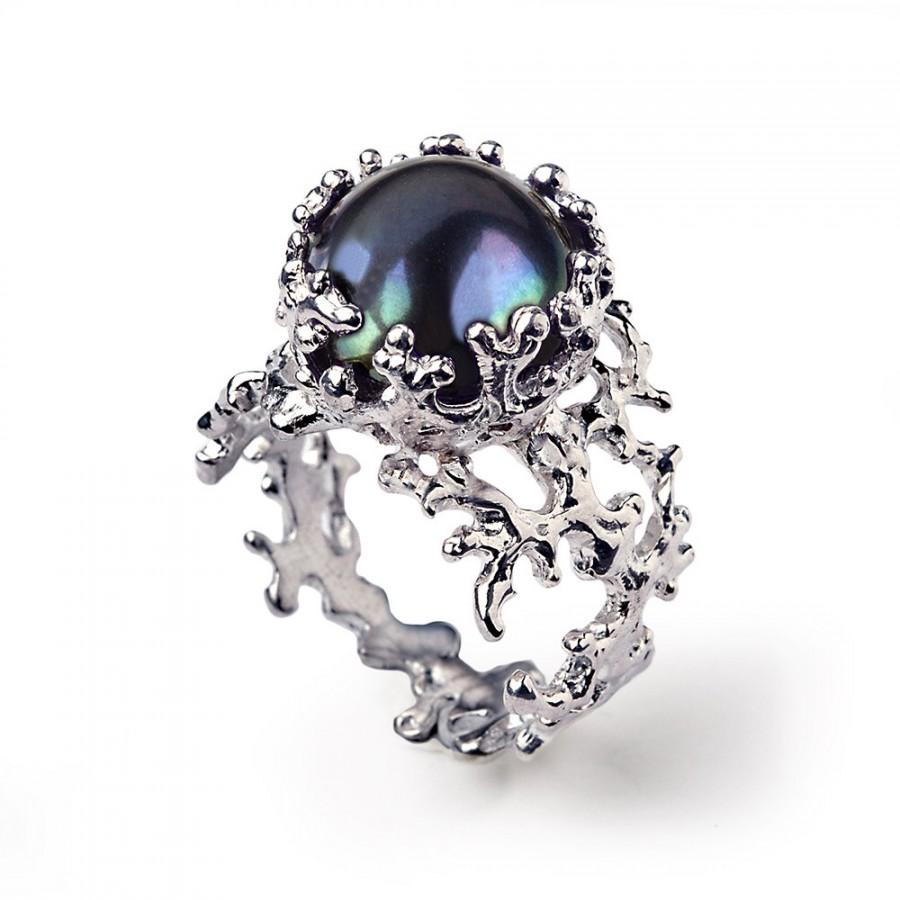 زفاف - CORAL Black Pearl Ring, Sterling Silver Ring, Pearl Statement Ring, Pearl Engagement Ring,Large Pearl Ring, Ocean Jewelry
