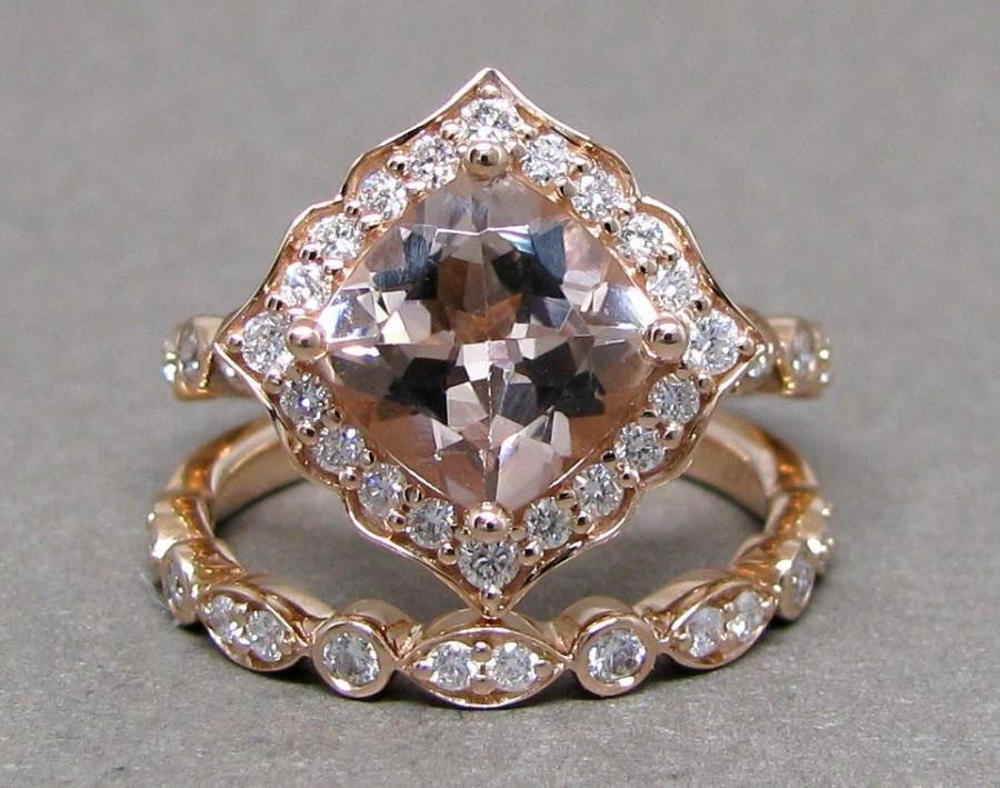 Wedding - Cushion Morganite Engagement Ring Diamond Kite Set 14k Rose Gold Wedding Bridal Ring Set 8mm 2 3/5ct