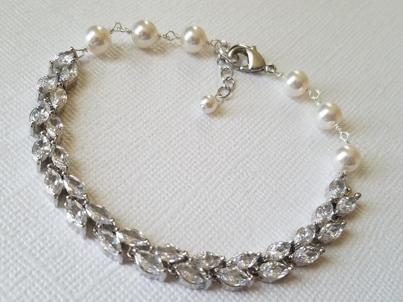 Свадьба - Cubic Zirconia Pearl Bridal Bracelet, Wedding Pearl Crystal Bracelet, Swarovski White Pearl CZ Bracelet, Bridal Jewelry, Wedding Jewelry