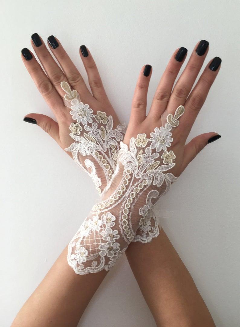Hochzeit - Ivory gold Wedding Gloves, Bridal Gloves, Ivory lace gloves, Handmade gloves, Ivory bride glove bridal gloves lace gloves fingerless gloves