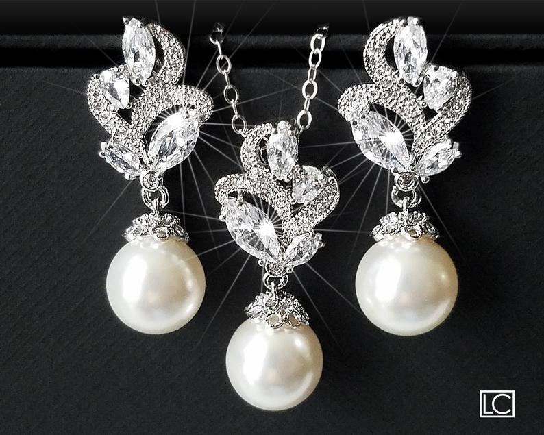 Wedding - White Pearl Bridal Jewelry Set, Swarovski 10mm Pearl Earring&Necklace Set, Wedding Pearl Jewelry, Pearl Silver Jewelry Set, Pearl Floral Set