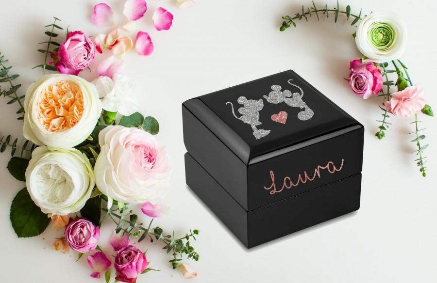 Hochzeit - Single Engagement Ring Box/ Wedding  Ring/ Proposal / Ring Box / Mickey & Minnie Mouse / Rose Gold and Silver Glitter / Personalised