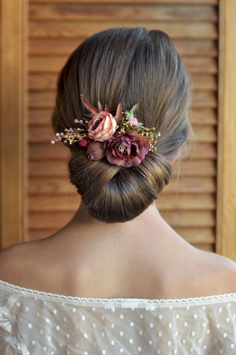 Wedding - Burgundy hair comb, Fall wedding comb, Deep red headpiece, Rustic bride hair piece, Bridesmaids combs, Peach burgundy flowers hair