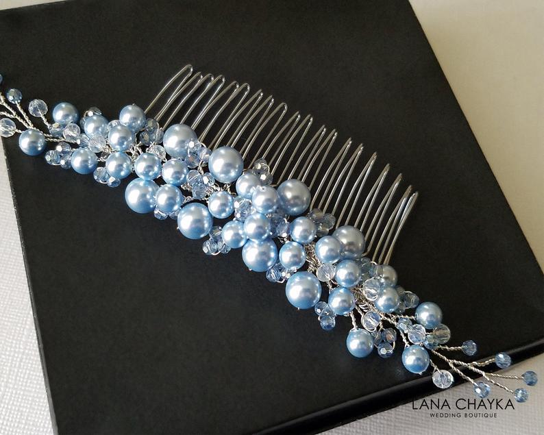 Hochzeit - Blue Pearl Bridal Hair Comb, Swarovski Light Blue Pearl Headpiece, Wedding Headpiece, Blue Hair Jewelry Blue Silver Hairpiece Something Blue