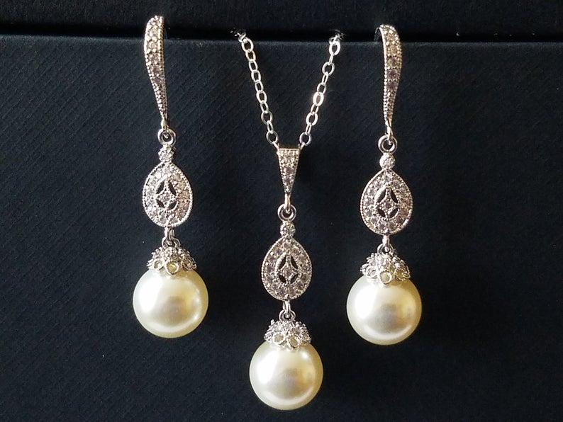 Wedding - Pearl Bridal Earrings&Necklace Set, Swarovski Ivory Pearl Silver Set, Ivory Pearl Wedding Jewelry, Bridal Jewelry Sets, Bridal Party Gift