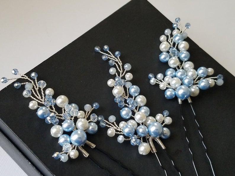 Hochzeit - Dusty Blue White Bridal Hair Pins, Wedding Blue Hair Piece, Swarovski Light Blue Pearl Hair Jewelry, Blue Pearl Headpiece Set of 3 Hair Pins