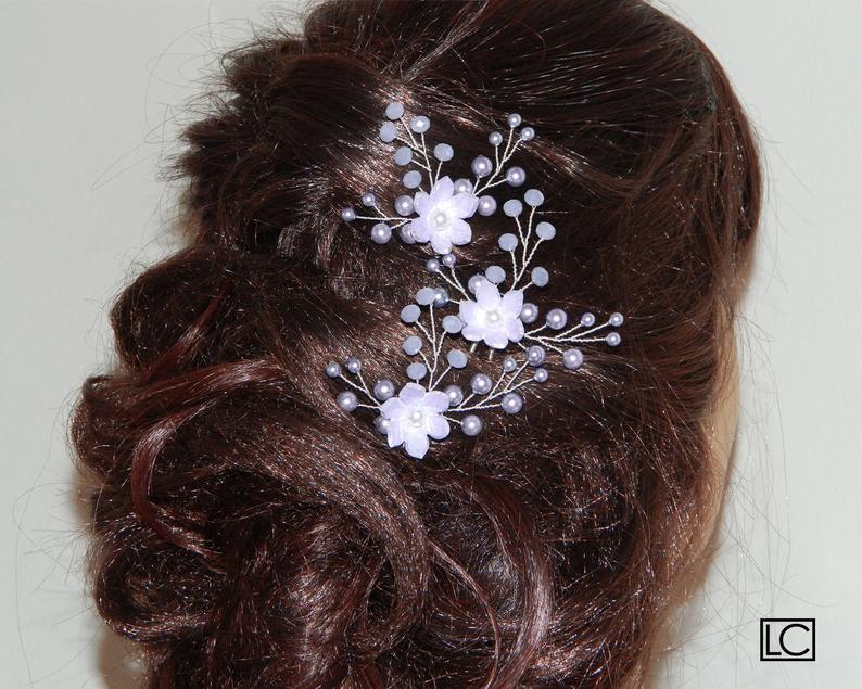 Mariage - Lavender Bridal Hair Pins, Swarovski Lavender Pearl Crystal Hair Pins, Set of 3 Wedding Lilac Floral Hair Pins, Violet Bridal Hair Jewelry