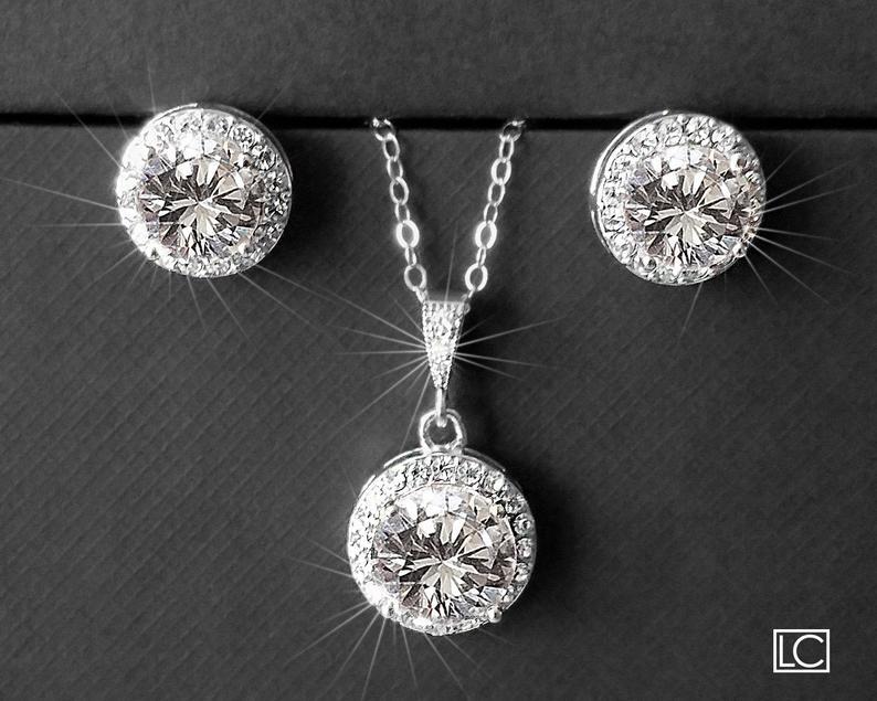 Wedding - Cubic Zirconia Bridal Jewelry Set, Wedding Earrings&Necklace Jewelry Set, Crystal Silver Bridal Jewelry Set, Wedding Jewelry, Bridal Jewelry