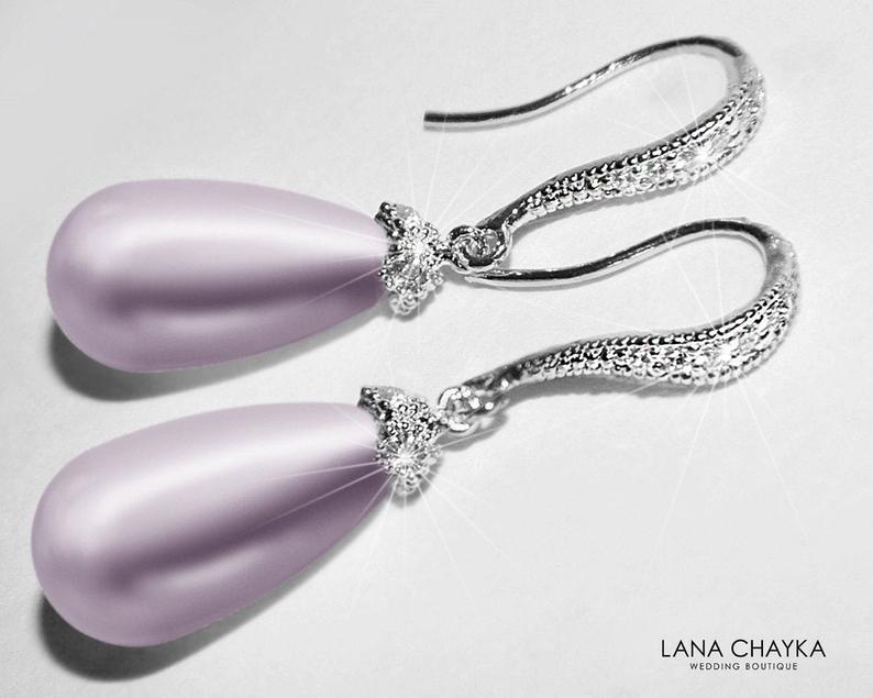 Hochzeit - Lavender Pearl Bridal Earrings, Wedding Pearl Earrings, Swarovski Lavender Pearl Teardrop Earrings, Lilac Silver Earrings, Bridal Party Gift