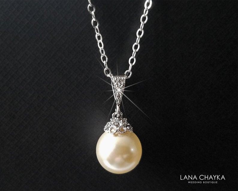 زفاف - Pearl Bridal Necklace, Swarovski 10mm Ivory Pearl Silver Necklace, Single Pearl Wedding Necklace, Bridal Pearl Jewelry, Pearl Drop Necklace