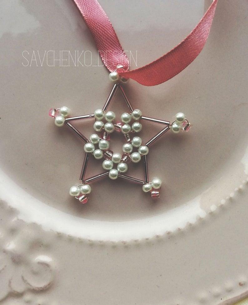 Hochzeit - beaded snowflake ornament - Blush Christmas Ornaments - Pearls xmas tree decoration - Beads white Decor - new years Beaded Snowflake Beads