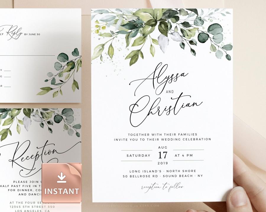 زفاف - REESE - Boho Greenery Wedding Invitation Template, Watercolor Eucalyptus Wedding Invite, Bohemian Wedding Template Suite, Instant Download