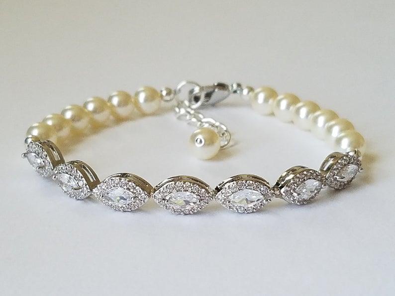 Hochzeit - Pearl Cubic Zirconia Bridal Bracelet, Wedding Pearl Marquise Bracelet, Swarovski Ivory Pearl Silver Bracelet, Dainty Bracelet Bridal Jewelry