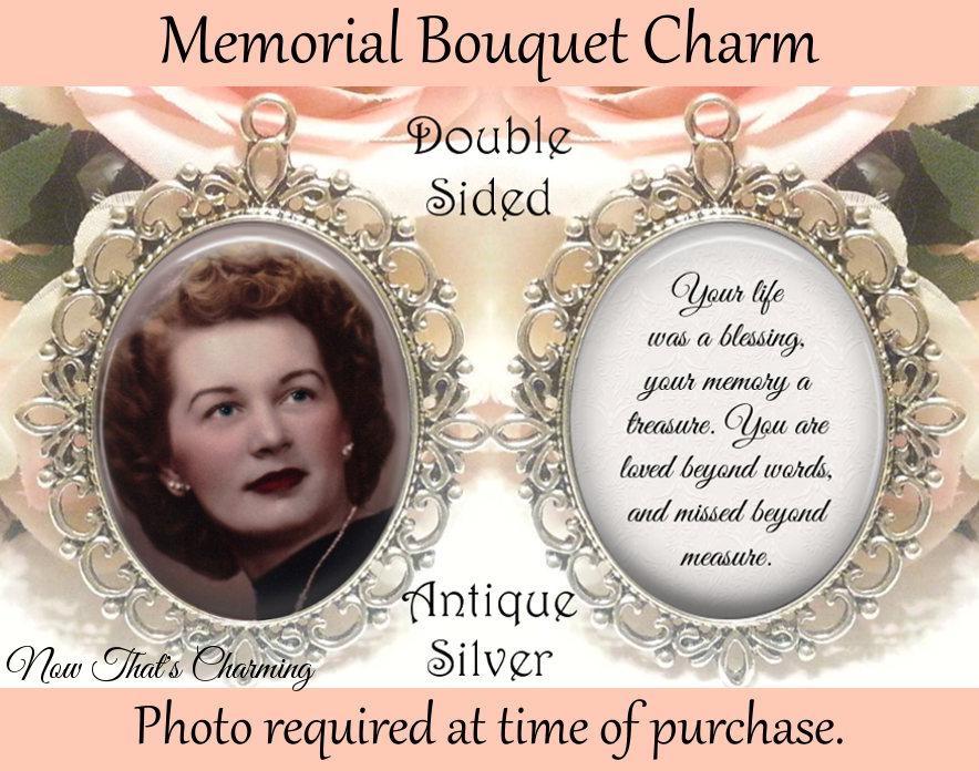 Mariage - SALE! Memorial Bouquet Charm - Double-Sided - Personalized with Photo - Your life was a blessing - Gift for the Bride