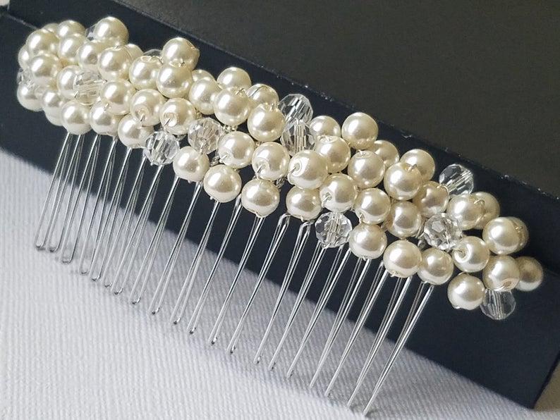 Hochzeit - Pearl Bridal Hair Comb, Ivory Pearl Crystal Hairpiece, Wedding Headpiece, Pearl Hair Jewelry, Bridal Party Gift Ivory Pearl Silver Hairpiece