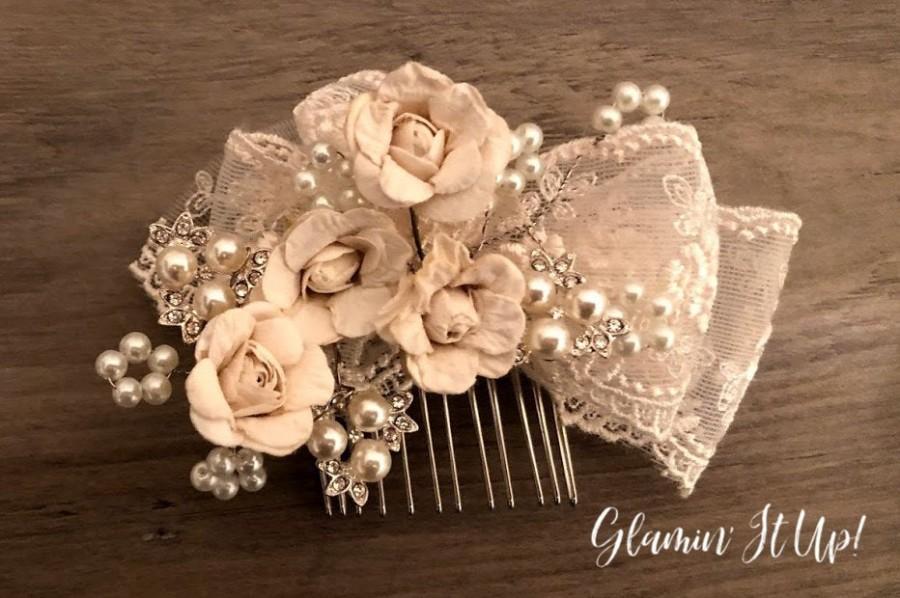 Wedding - Ivory Lace Hair Comb, Gatsby Hair Piece, Vintage Hair comb, Flower Hair Comb, Bridal Hair Comb, Pearl Hair Comb, Rhinestone Hair Comb