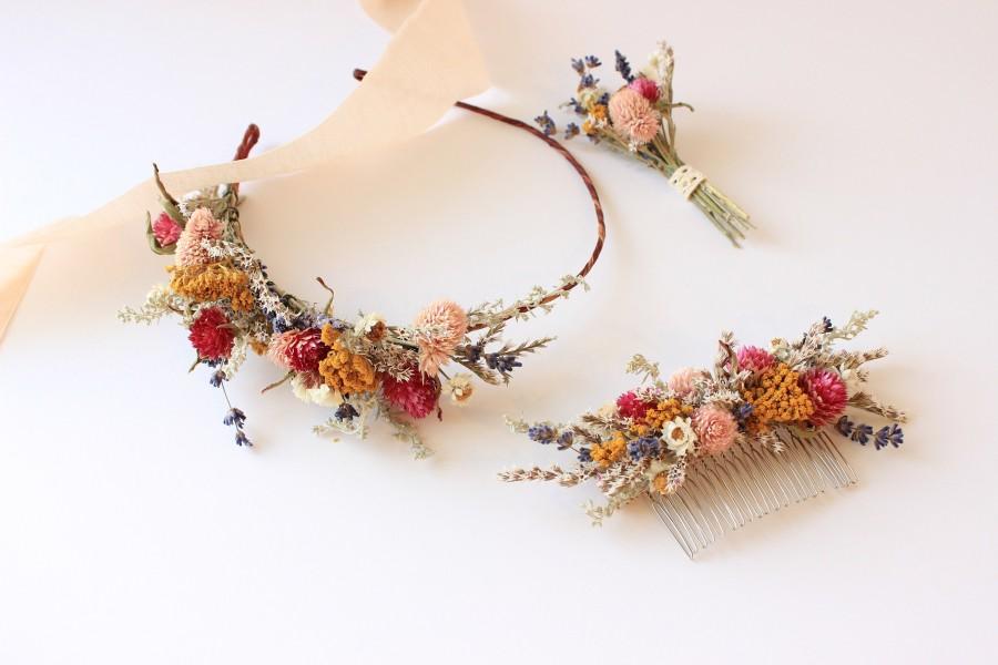 Свадьба - Colorful Pink Blush Purple English Lavender Headpiece / Tropical Flower Crown / Dried Floral Wedding Set Hair Comb with matching boutonniere