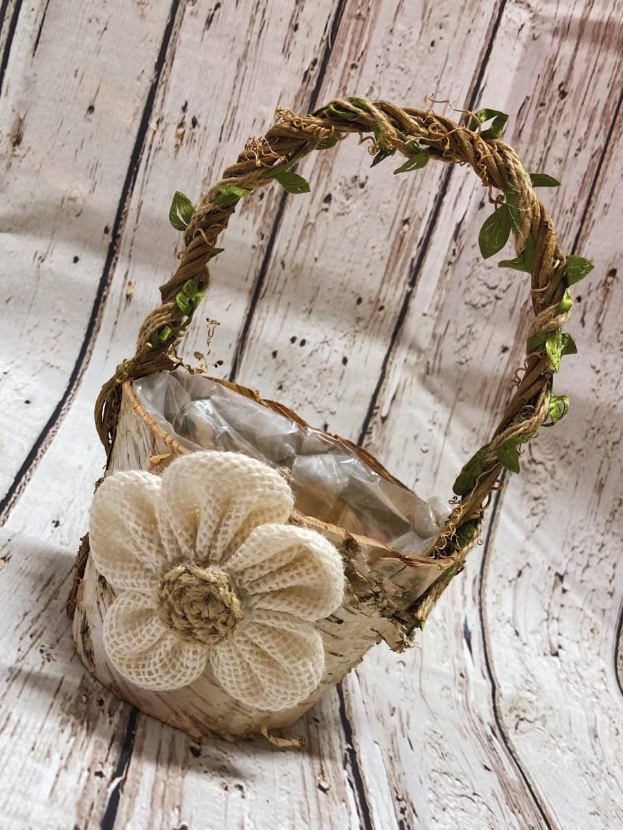 Mariage - Rustic flower girl basket with burlap handmade flower, two sizes available