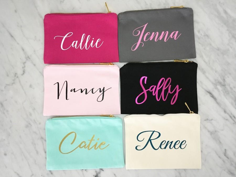 Hochzeit - Bridesmaid Makeup Bag, Personalized Mrs Makeup Bag, Bridesmaid Gift, Personalized Pouch, Mint and Gold Canvas Bag, MANY COLORS