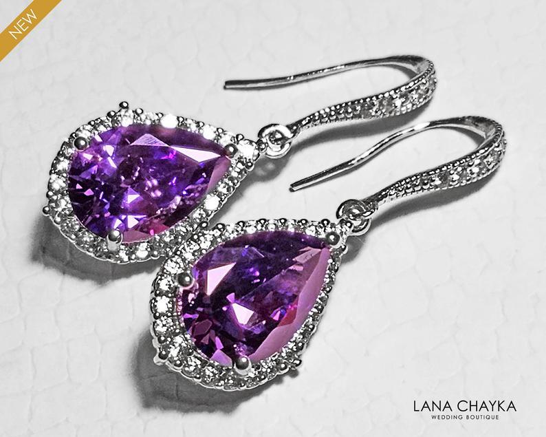 Hochzeit - Amethyst Crystal Wedding Earrings, Purple Teardrop Bridal Chandelier Earrings, Amethyst Cubic Zirconia Dangle Earrings, Statement Earrings