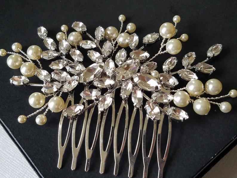 Свадьба - Crystal Pearl Bridal Hair Comb, Swarovski Ivory Pearl Crystal Hair Piece, Bridal Hair Jewelry, Bridal Floral Headpiece, Wedding Hairpiece