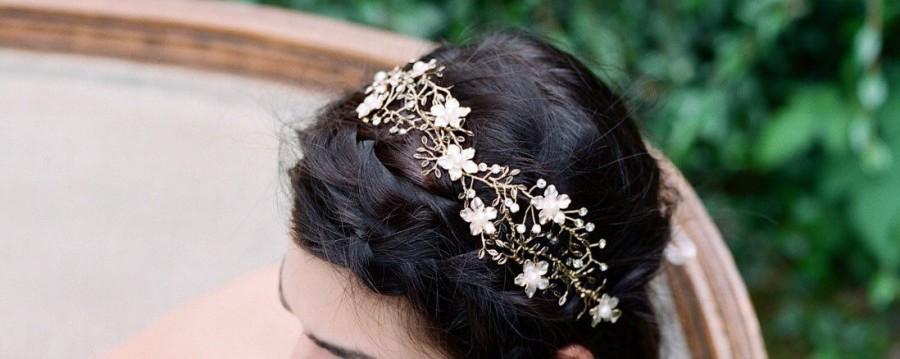 زفاف - Bridal Headpiece, CHLOE Bridal Headband, Wedding Hair Vine, Bridal Ribbon Headband, Swarovski Crystal Headband, Gold Bridal Pearl Headpiece