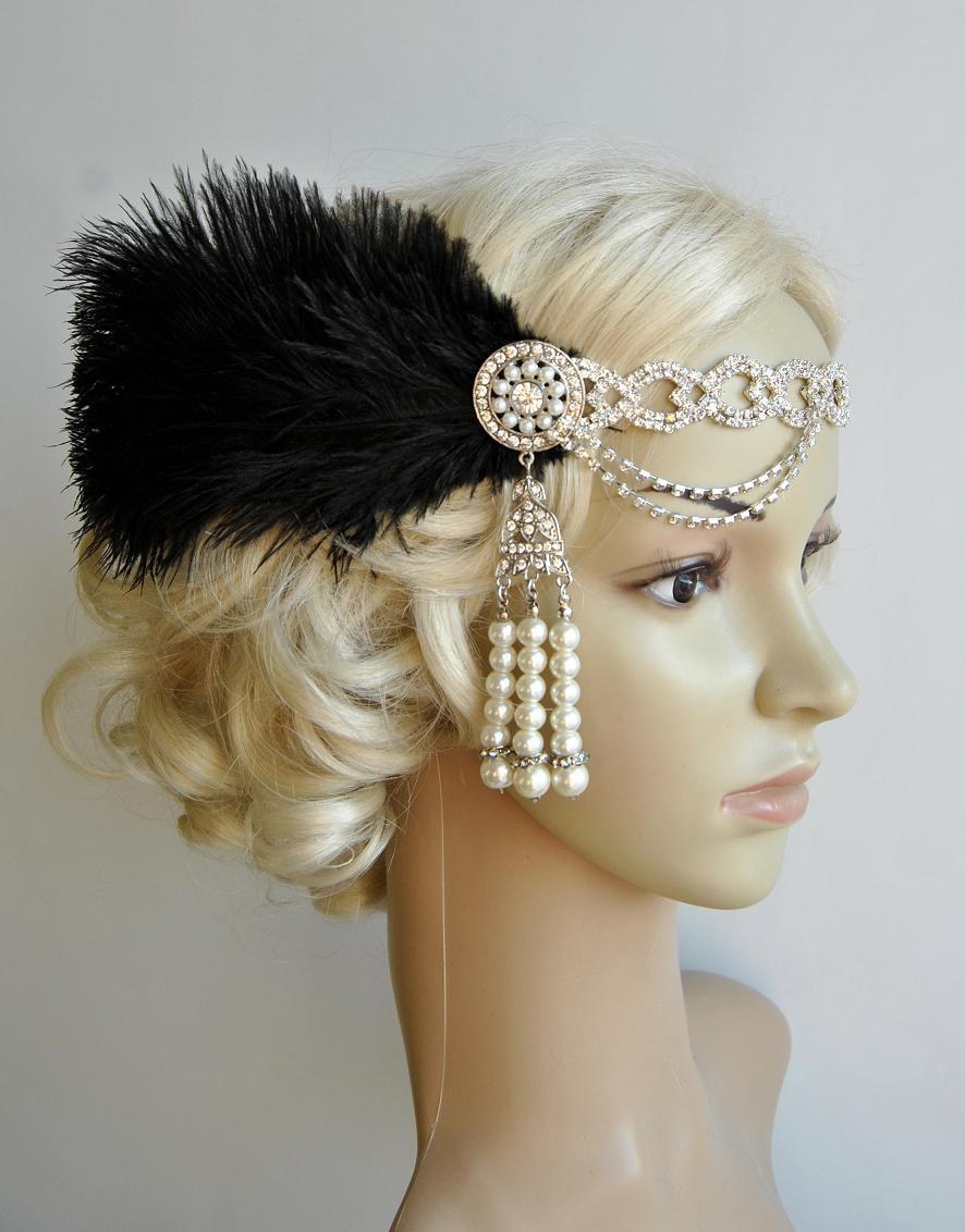Свадьба - The Great Gatsby 20's rhinestone pearls flapper headband,20's flapper Headpiece headband, Bridal Headband, Crystal Ribbon Headband Black