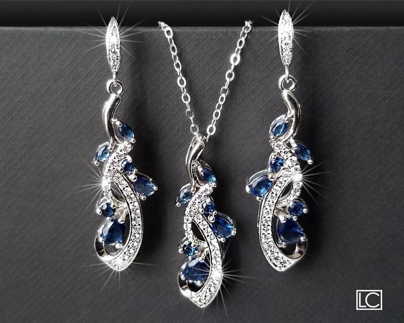 Wedding - Navy Blue Bridal Jewelry Set, Blue Zirconia Earrings&Necklace Set, Wedding Jewelry Set, Sapphire Crystal Set Chandelier Earrings Pendant Set