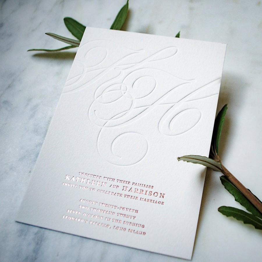 Hochzeit - Blind Letterpress Wedding Invitations, Rose Gold Foil Monogram Invitations, Letterpress Invitations, Letterpress and Foil Invitations