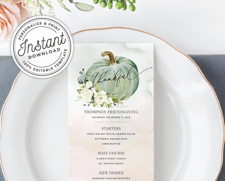 Hochzeit - Printable Friendsgiving or Thanksgiving Dinner Menu with Watercolor Autumn Pumpkin • INSTANT DOWNLOAD • Printable, Editable Template #078
