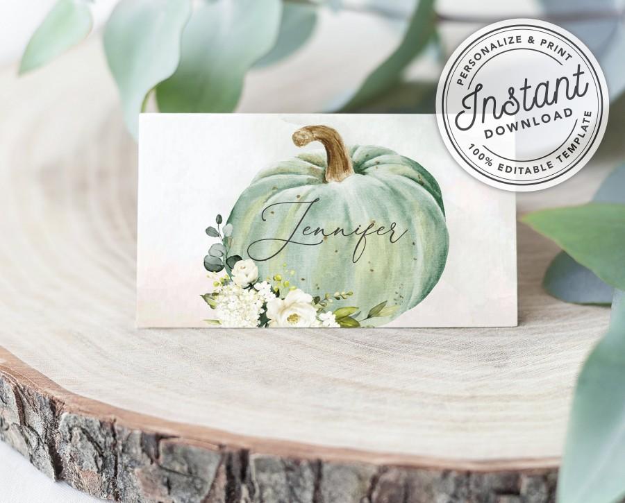 Wedding - Friendsgiving or Thanksgiving Printable Place Cards w/ Watercolor Autumn Pumpkin (Flat & Folded) • INSTANT DOWNLOAD • Editable Template #078