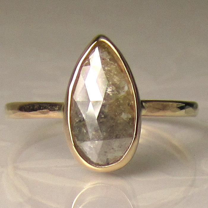 Wedding - Rose Cut Diamond Engagement Ring, 14k Yellow Gold Rose Cut Diamond Ring, Hammered Rose Cut Diamond Ring