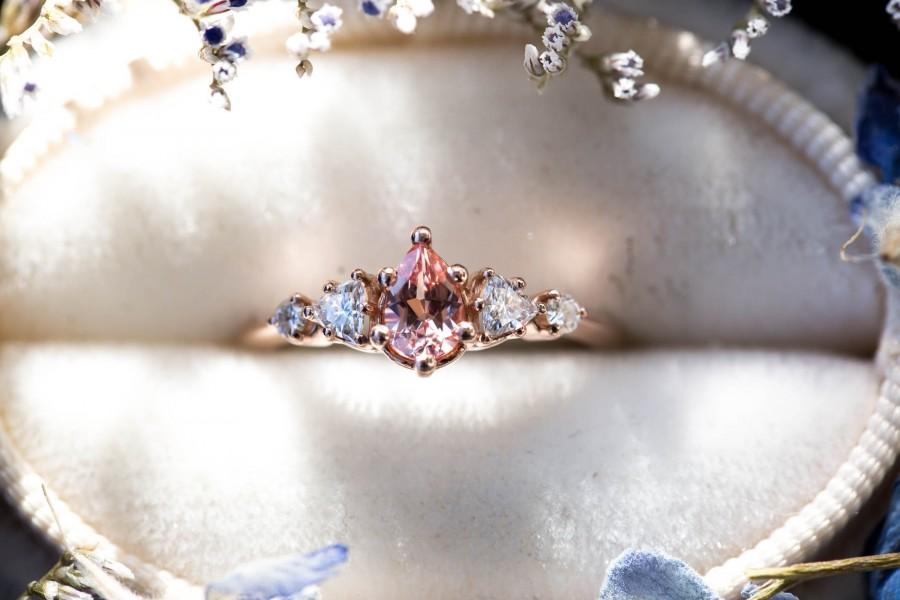 زفاف - Pear peach sapphire cluster five stone engagement ring, 14k gold peach ring, cluster engagement ring, alternative engagement, fairytale