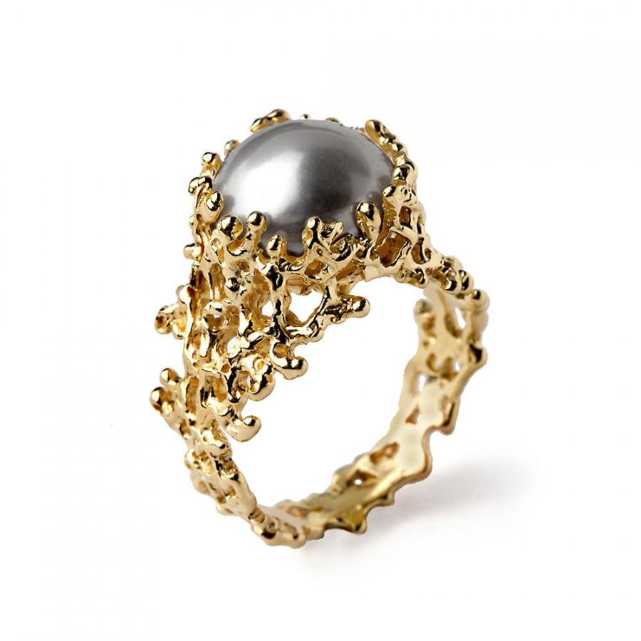 زفاف - CORAL Gold Pearl Ring, Gray Pearl Ring, Pearl Engagement Ring, Large Pearl Ring, Pearl Statement Ring, Organic Gold Ring, Ocean Ring