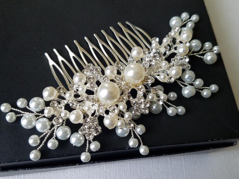 Wedding - Pearl Crystal Bridal Hair Comb, White Pearl Floral Headpiece, Wedding Hairpiece, Pearl Crystal Hair Piece, Hair Jewelry, Pearl Silver Comb