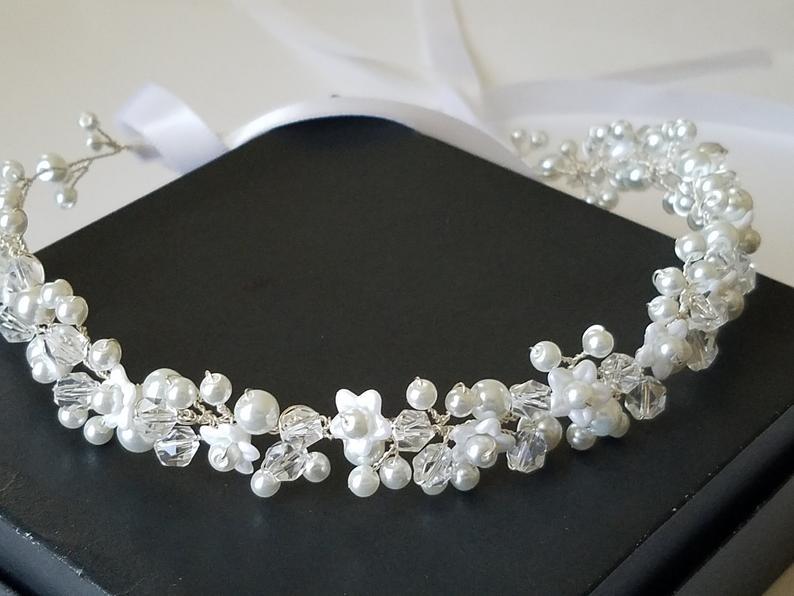 Mariage - Pearl Bridal Hair Vine, Wedding White Pearl Hair Wreath, Hair Jewelry, Pearl Crystal Hair Crown, Pearl Floral Hair Piece, Pearl Headpiece