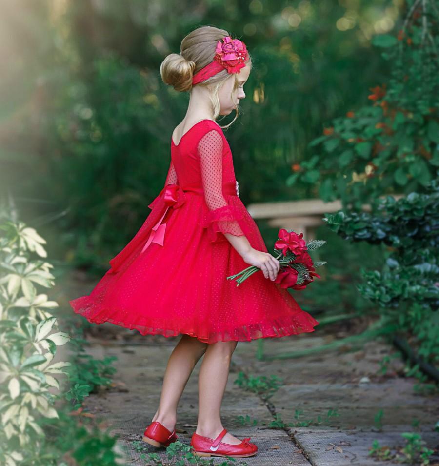 Hochzeit - Red Flower Girl Dress, Red Christmas dress, flower girl dresses, Red baby girl dress, rustic flower girl dress,  Red Bohemian Girls Dress