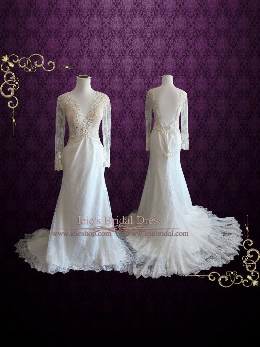 Hochzeit - Long Sleeve Wedding Dress with Plunging Neckline, Lace Wedding Dress, Sexy Wedding Dress, Chapel Length Wedding Dress 