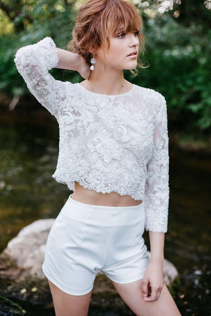Mariage - Bridal Lace Top - ARIELA / Ivory Lace Wedding Top / Bridal Separates / 3/4 Long Sleeve Lace Top with Button Back