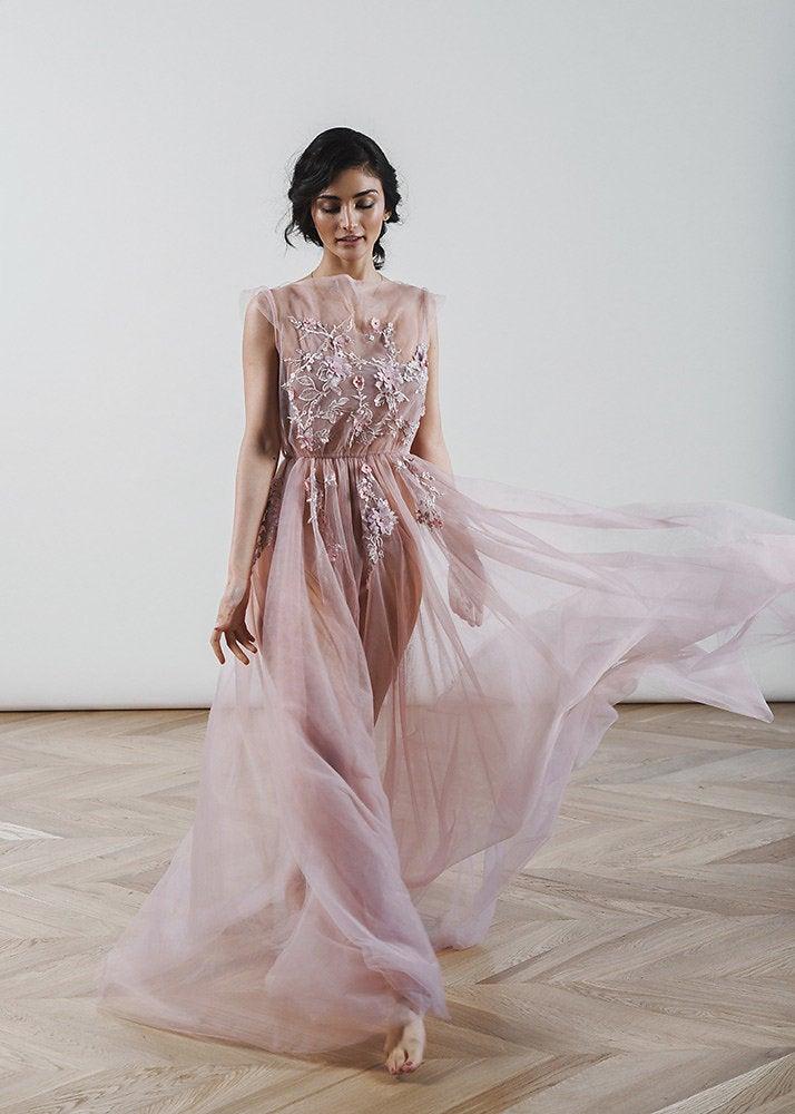 Mariage - Tulle wedding dress Poesia, blush wedding gowns, open back boudoir dress, rose lace bridal dress, boho wedding dress, unique wedding dresses