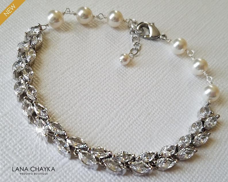 زفاف - Cubic Zirconia Pearl Bridal Bracelet, Wedding Pearl Crystal Bracelet, Swarovski White Pearl CZ Bracelet, Bridal Jewelry, Wedding Jewelry