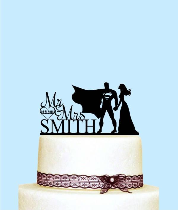 زفاف - Superman and Bride Cake Topper, Customized Wedding Cake Topper Superhero Personalized Cake Topper for Wedding, Superman Silhouette