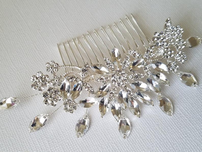 Mariage - Crystal Bridal Hair Comb. Wedding Hair Comb, Rhinestone Hair Comb, Crystal Silver Hair Piece, Wedding Floral Comb, Bridal Crystal Headpiece